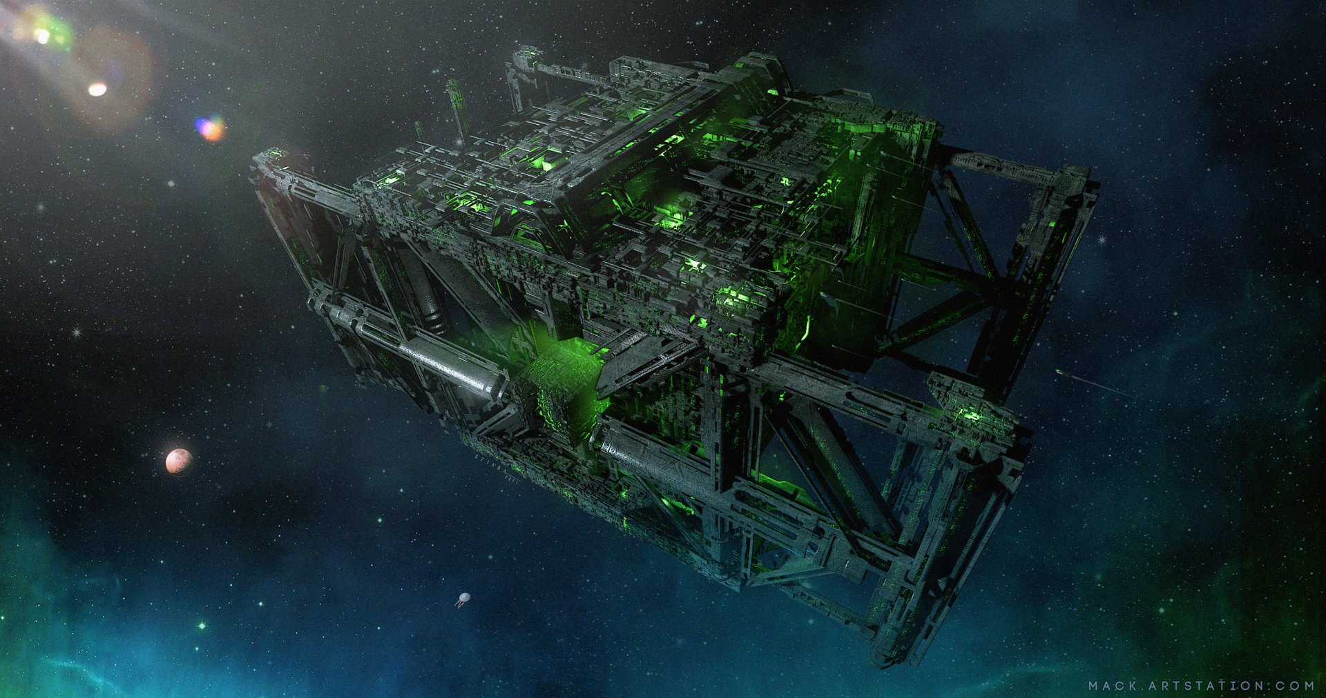 Sci-fi derelict space station with pulsing green lights drifting against a starfield — 2K Quad HD PC desktop wallpaper and background.