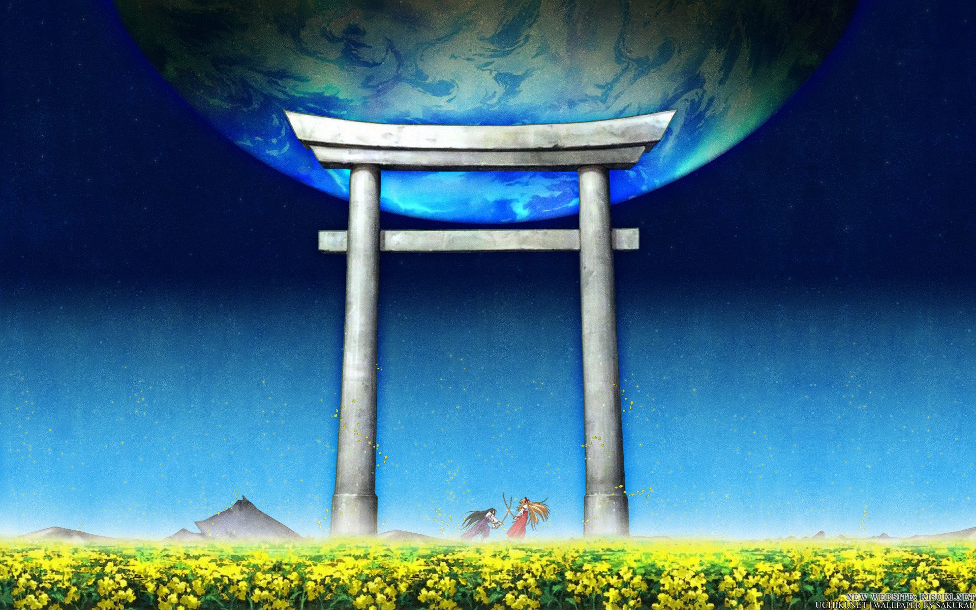 HD fantasy desktop wallpaper featuring a samurai standing beneath a giant torii gate with a large blue planet and starry sky in the background over a field of yellow flowers.