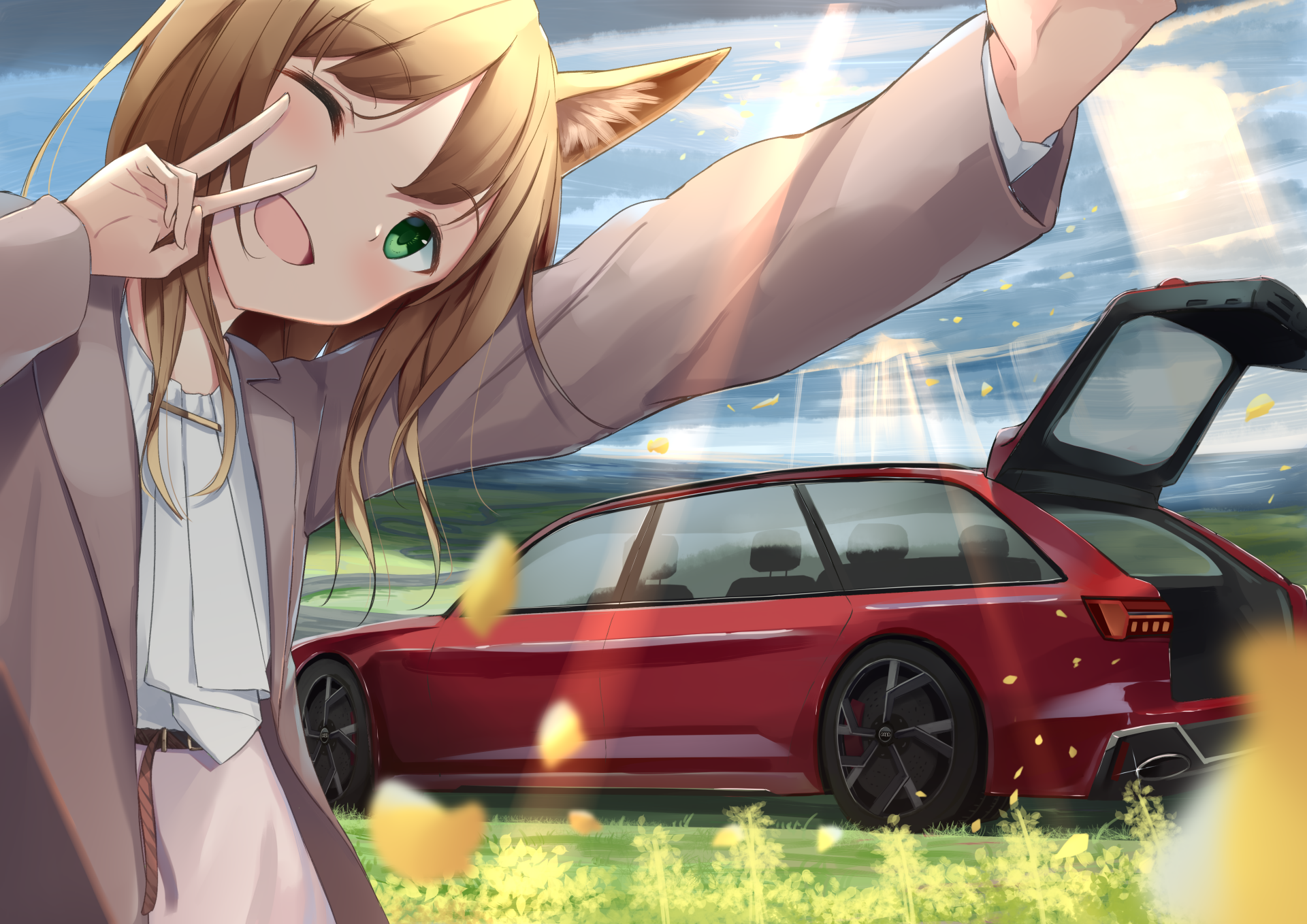 Download Brown Hair Green Eyes Car Animal Ears Anime Girl Anime Girl Anime Car 4k Ultra HD Wallpaper by アキナケスちゃん