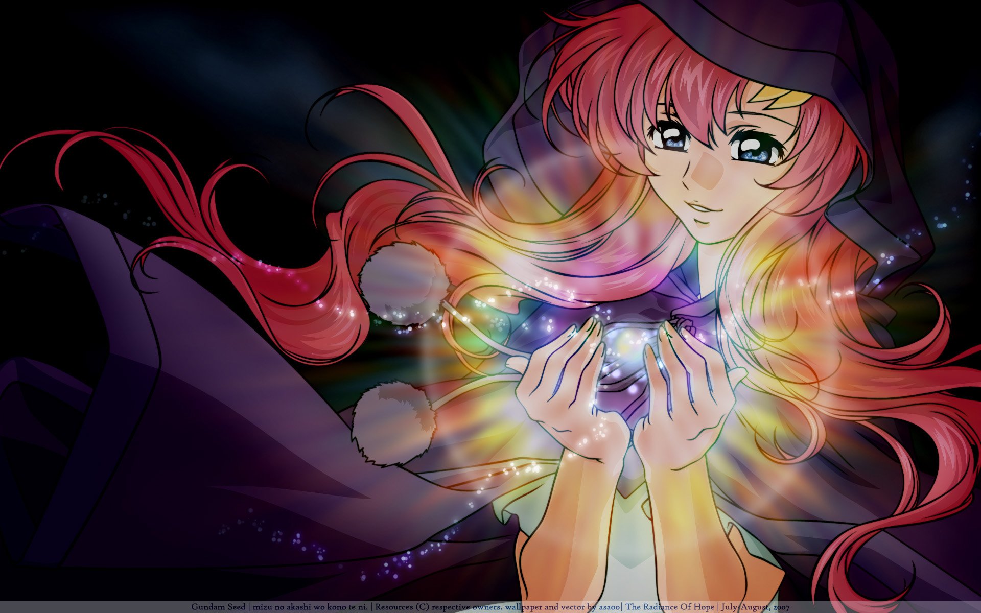 Lacus Clyne from Gundam anime: pink-haired character cradling a swirling multicolored light orb, hair flowing against a dark starry background. HD PC desktop wallpaper.
