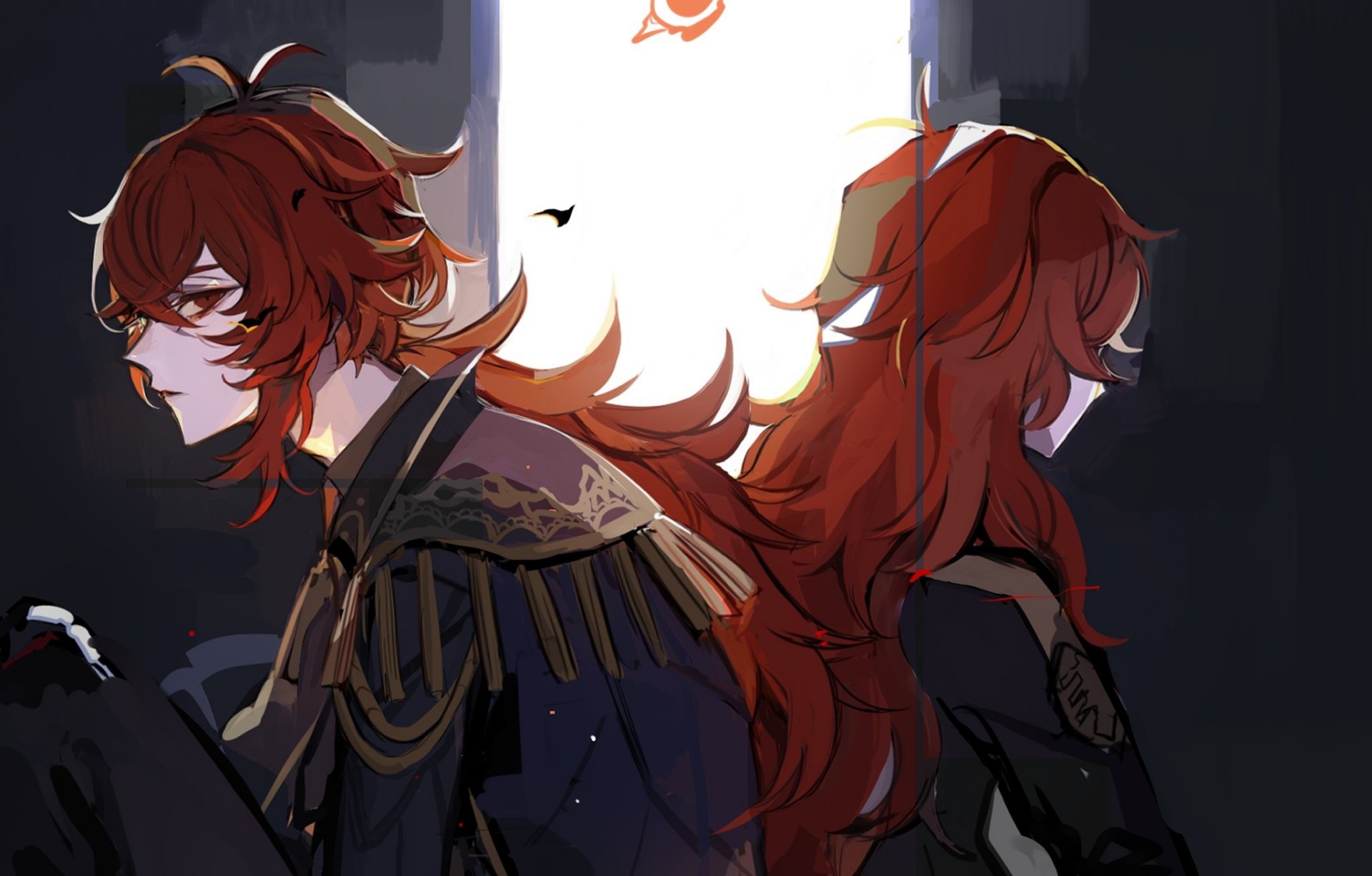 HD PC desktop wallpaper of Diluc (Genshin Impact), video game art: red-haired noble in ornate dark coat shown in twin-profile, backlit by a bright window with a moody background.