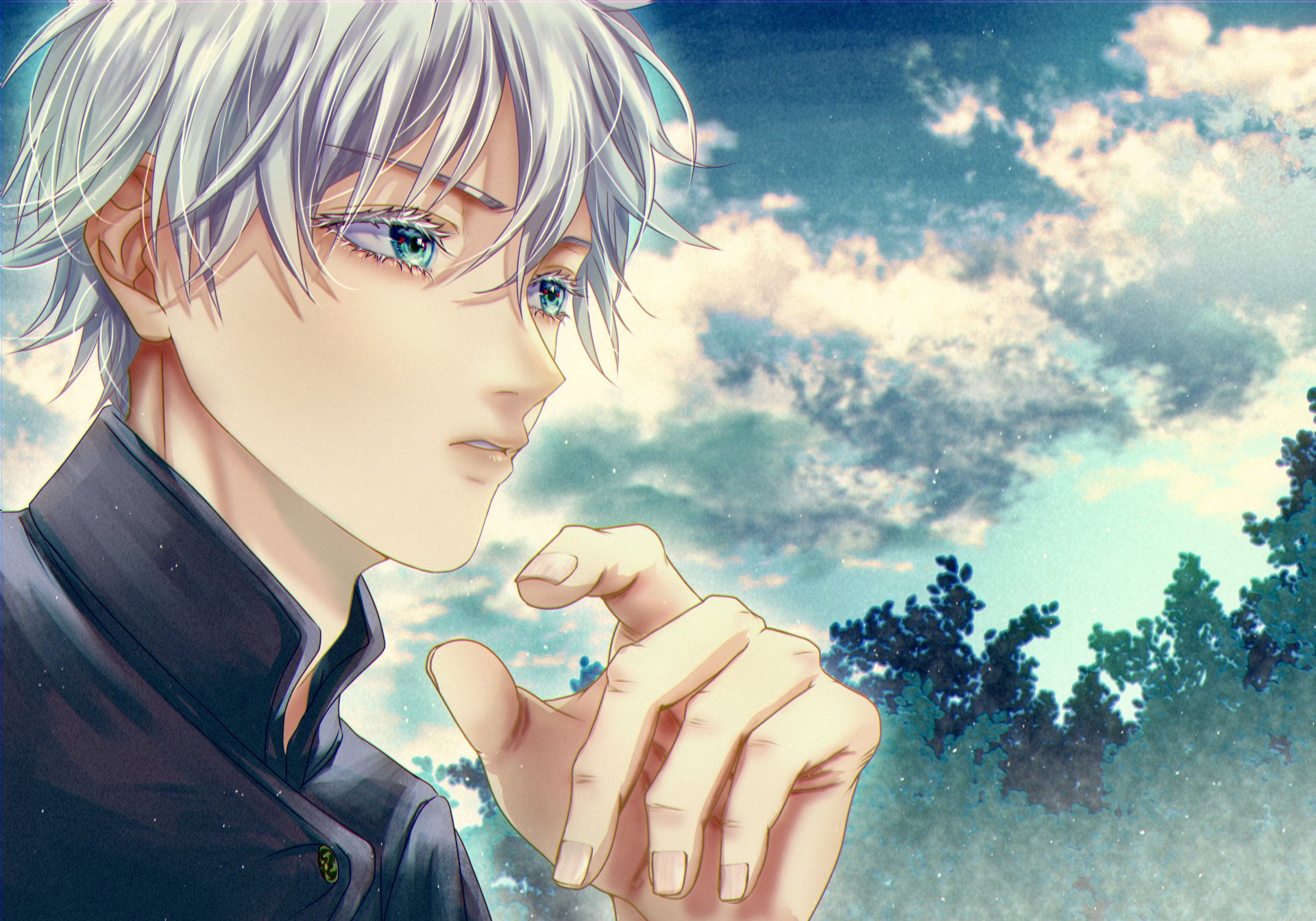 Download School Uniform Blue Eyes White Hair Satoru Gojo Anime Jujutsu Kaisen 4k Ultra HD Wallpaper by ときおか