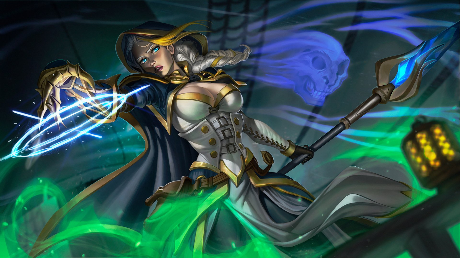 HD PC desktop wallpaper and background of Jaina Proudmoore from the video game World of Warcraft: she raises her staff, casting blue-green frost magic with swirling energy and glowing runes.