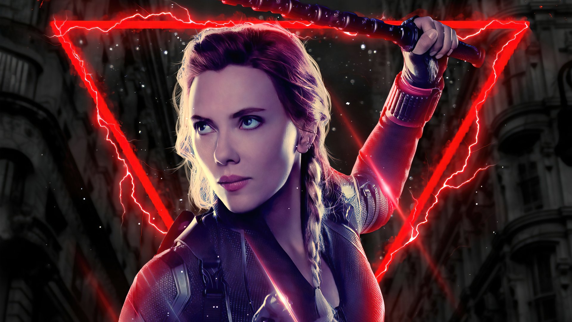 4K Ultra HD desktop wallpaper featuring Scarlett Johansson as Natasha Romanoff in the movie Black Widow, with a glowing red triangle backdrop.