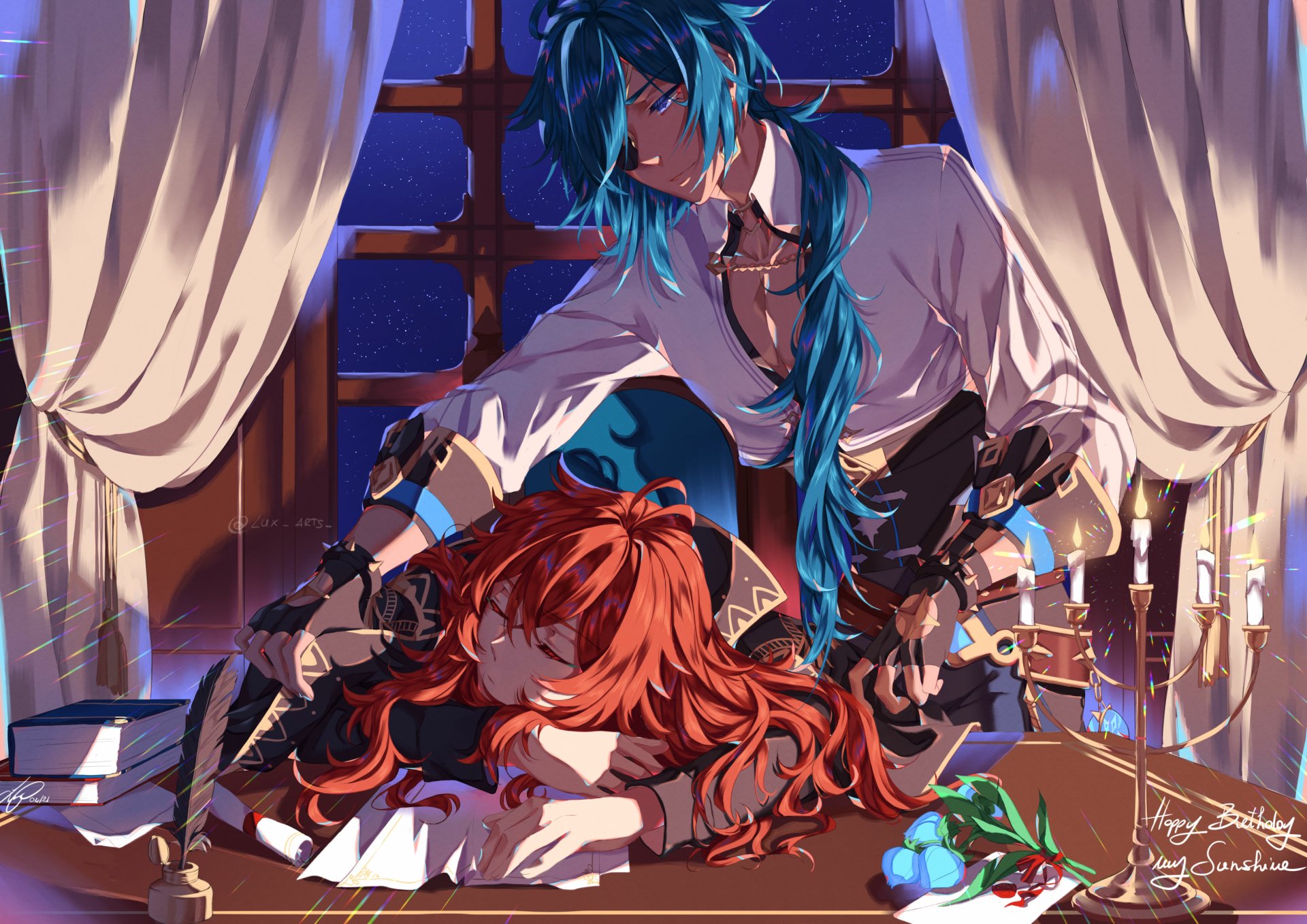 HD PC desktop wallpaper featuring Diluc and Kaeya from Genshin Impact in a cozy, candlelit room with vintage decor, highlighting their dynamic and detailed designs.