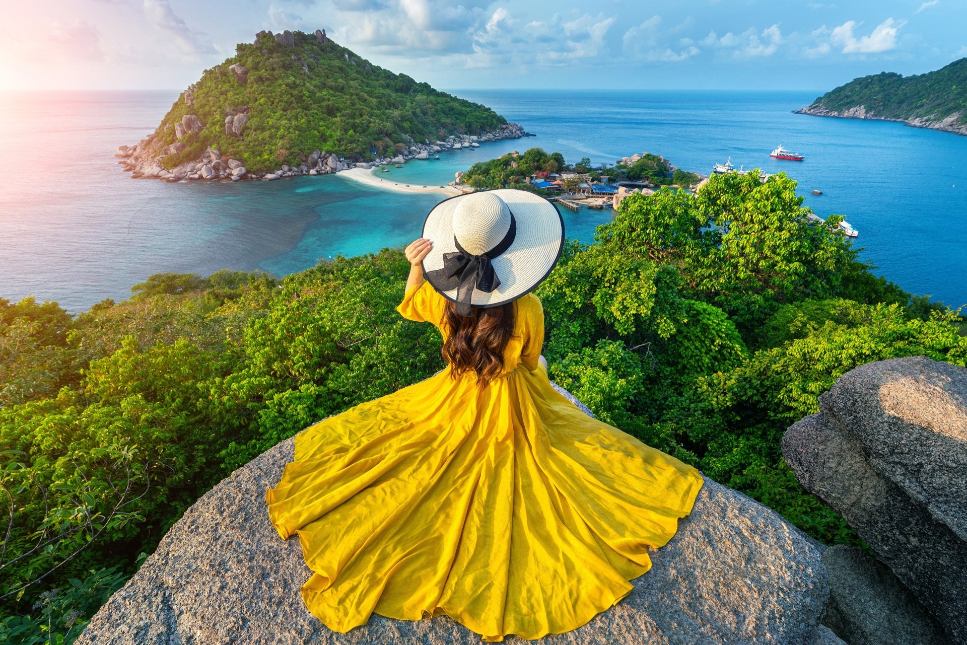 Download Horizon Yellow Dress Hat Thailand Woman Rear 4k Ultra HD Wallpaper