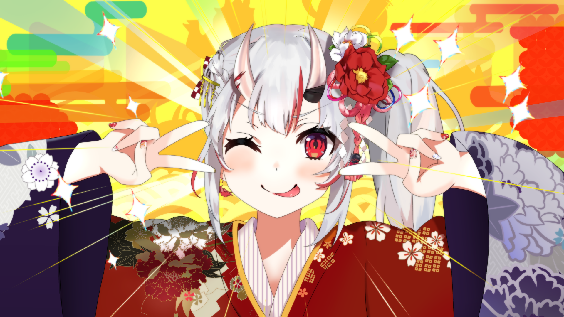 Nakiri Ayame from Hololive, a white-haired anime Virtual YouTuber with red eyes and horns, winking in a red kimono, set against a vibrant, colorful 4K Ultra HD background.