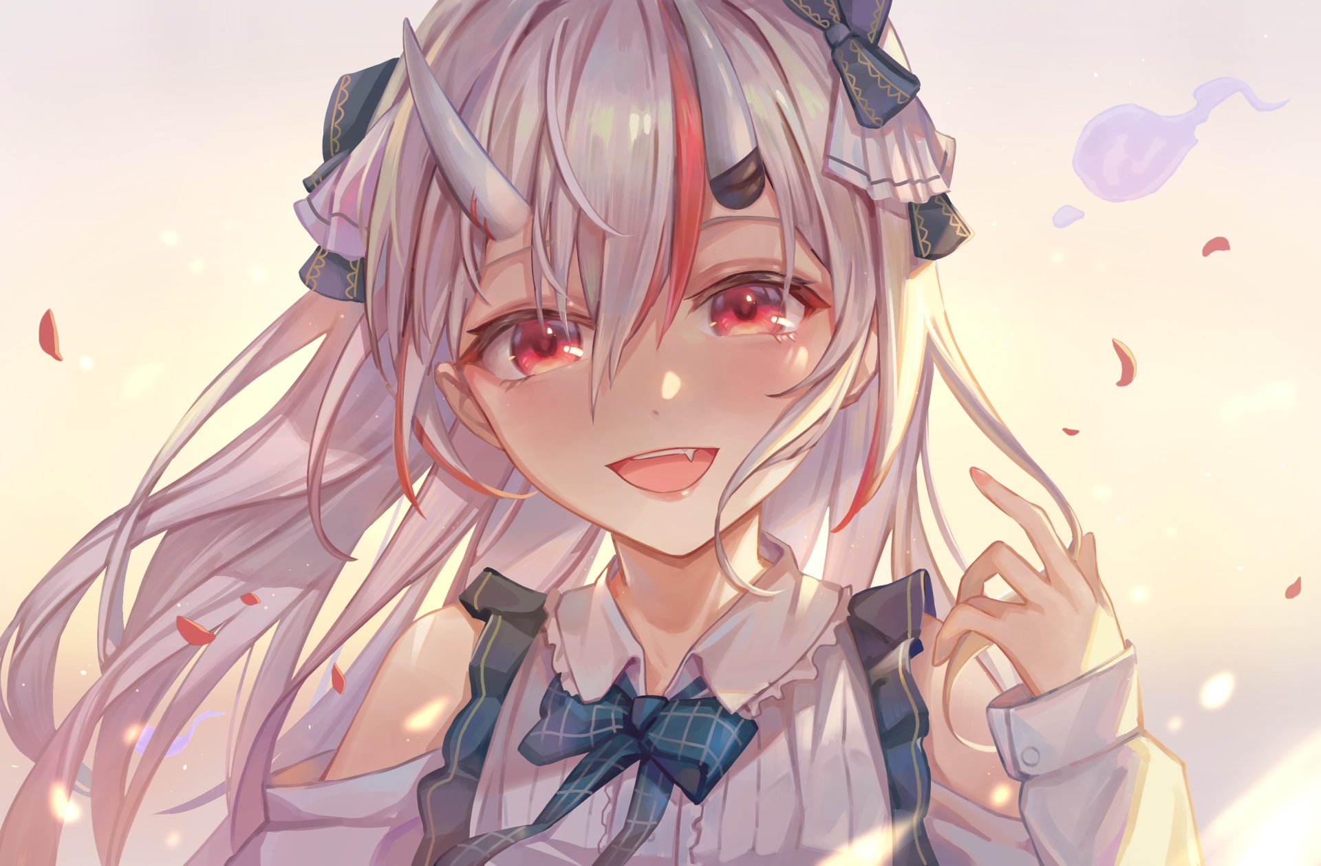 Anime-style HD desktop wallpaper featuring Nakiri Ayame from Hololive with white hair, red eyes, and horns, smiling softly against a glowing background.