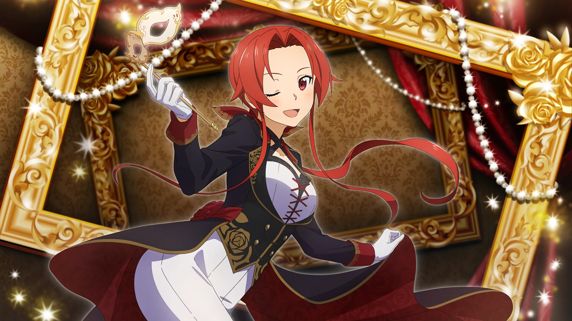 Tiese Shtolienen from Sword Art Online winks, dressed in elegant black and white attire with red hair, set against a luxurious, ornate background in this HD anime wallpaper.