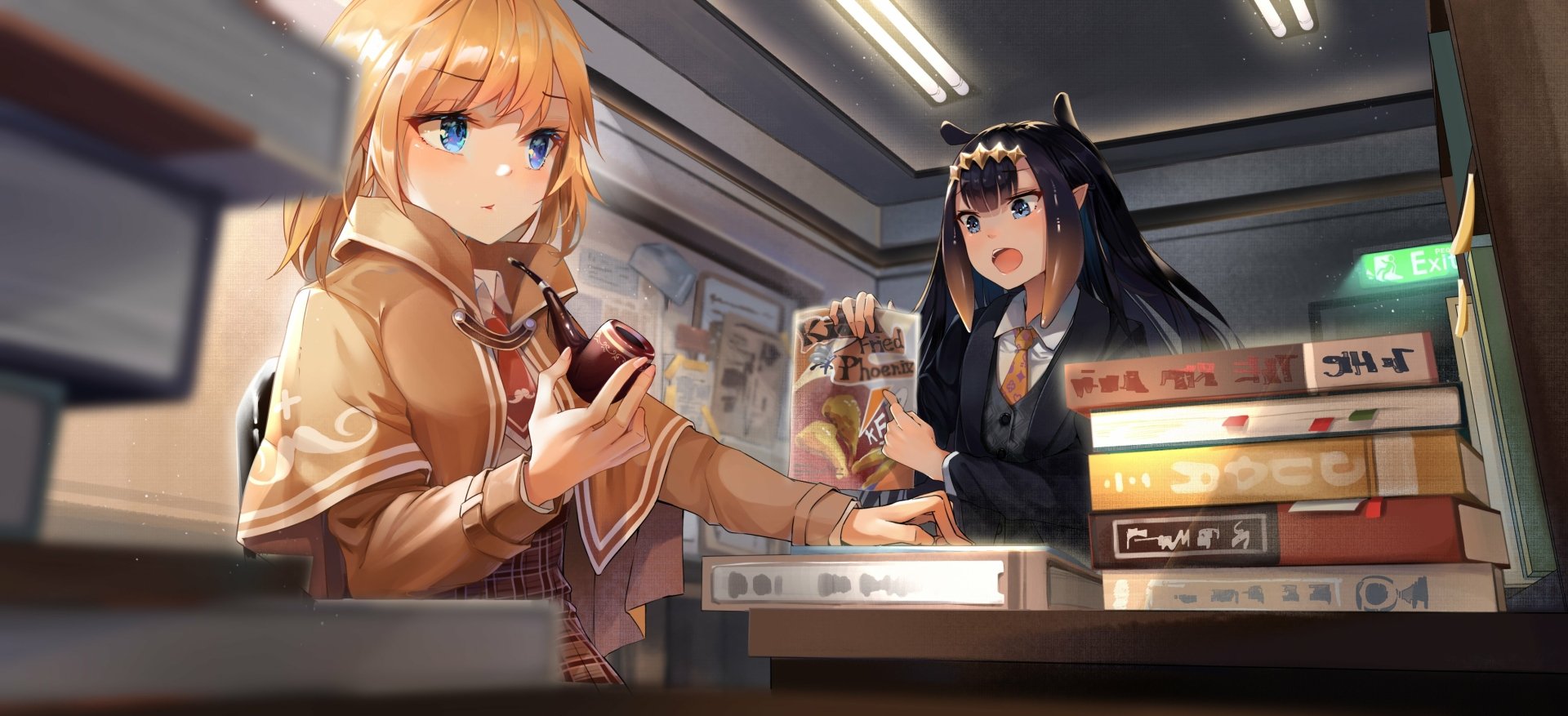 HD anime desktop wallpaper featuring Virtual YouTubers Ninomae Ina'nis and Watson Amelia interacting in a cozy, detailed room filled with books and warm lighting.