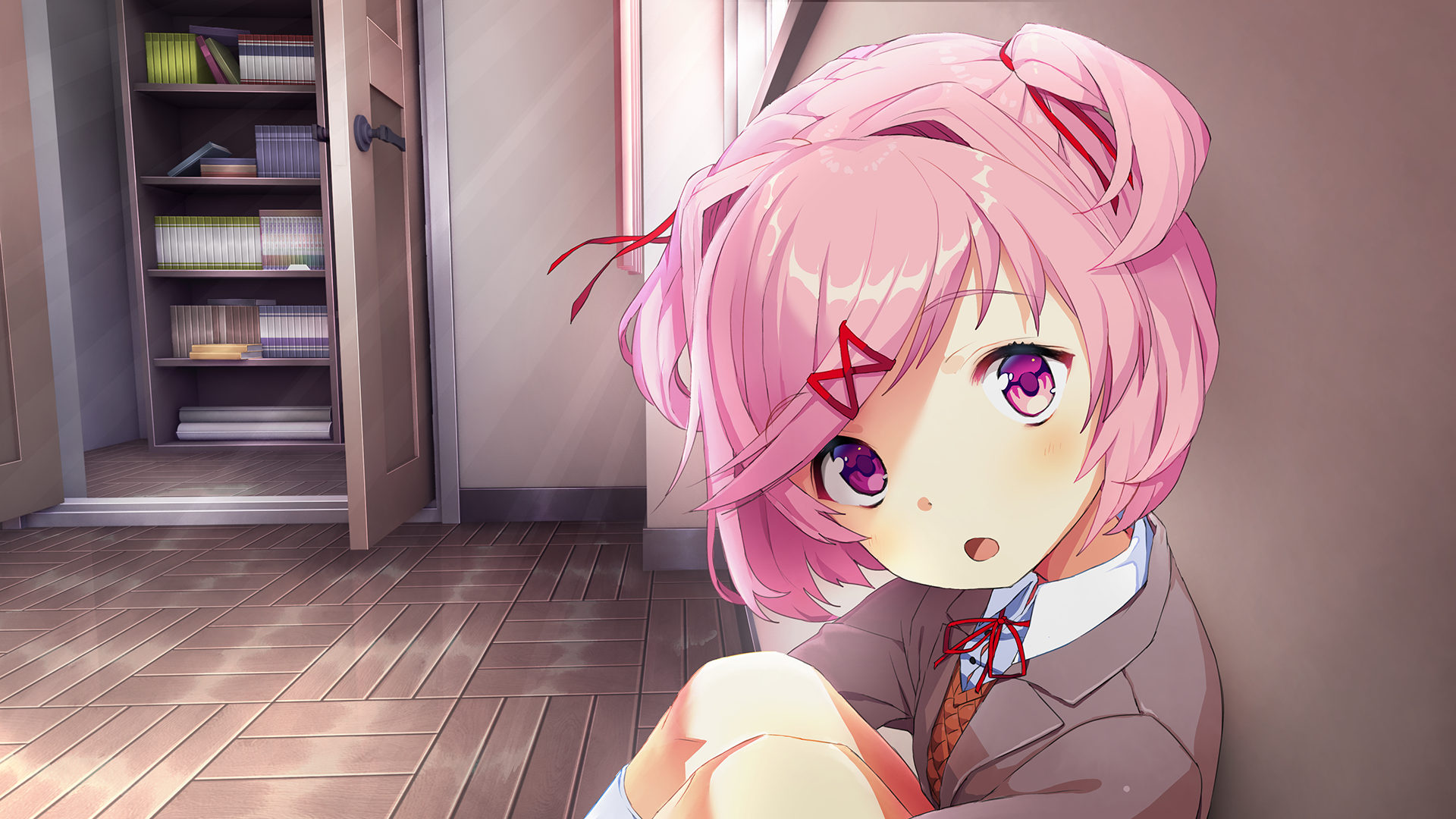 HD PC desktop wallpaper featuring Natsuki from the video game Doki Doki Literature Club!, showcasing her in a detailed indoor setting.