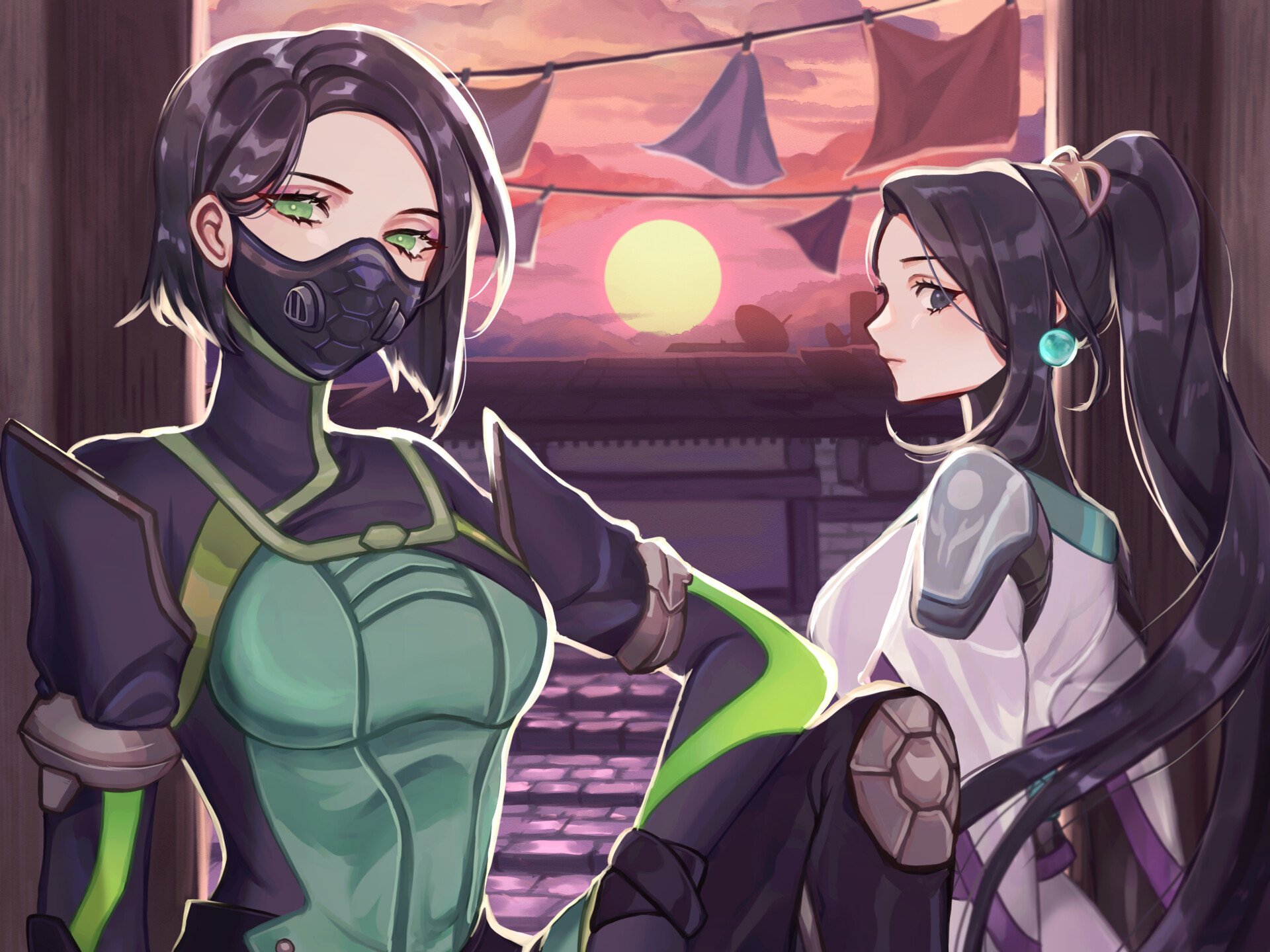 HD Valorant desktop wallpaper featuring Sage and Viper, two iconic agents from the video game, standing against a sunset backdrop with a stylized cityscape.