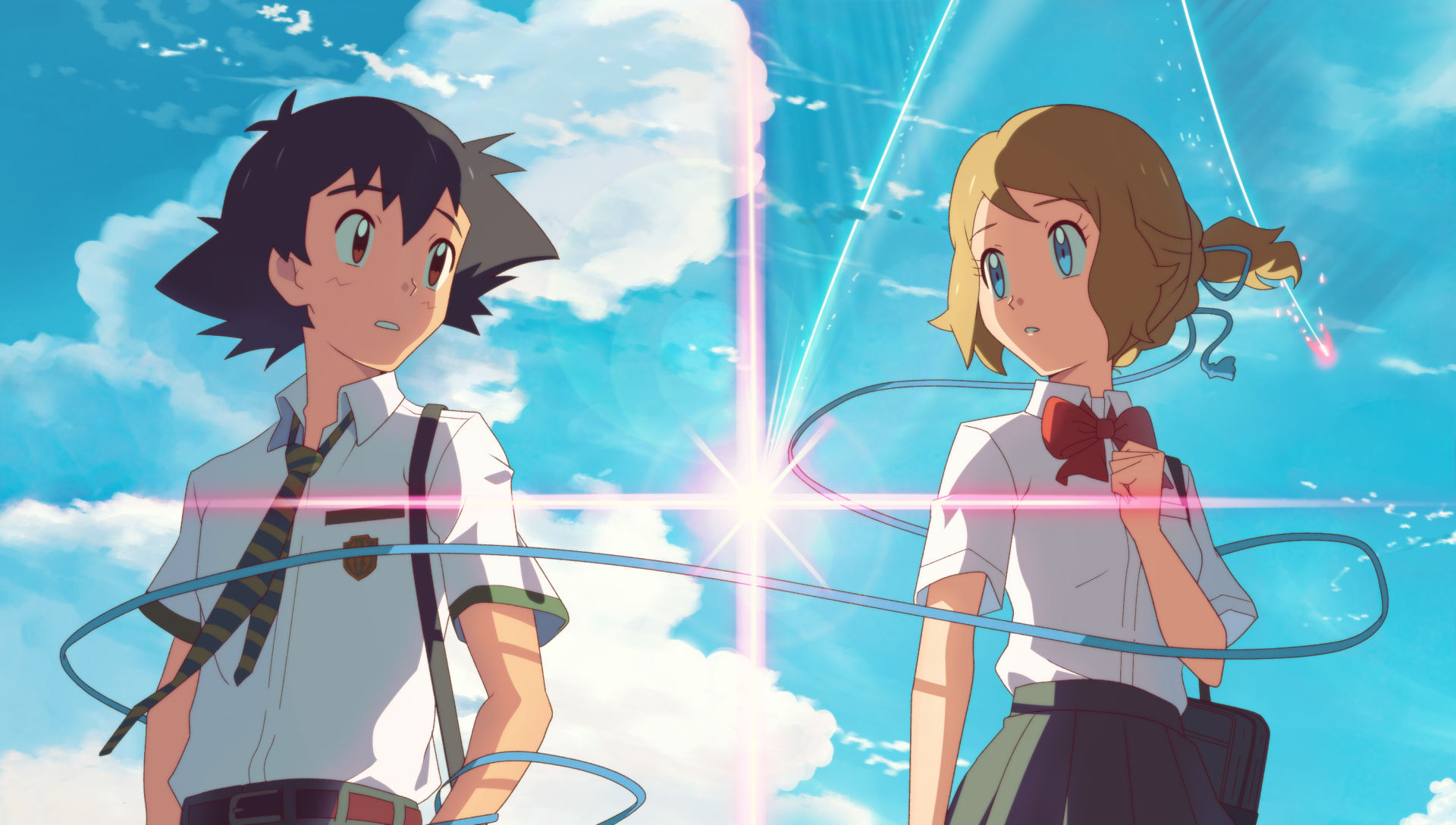 HD anime desktop wallpaper featuring Ash Ketchum and Serena from Pokémon in school uniforms, styled with a crossover theme inspired by Your Name.