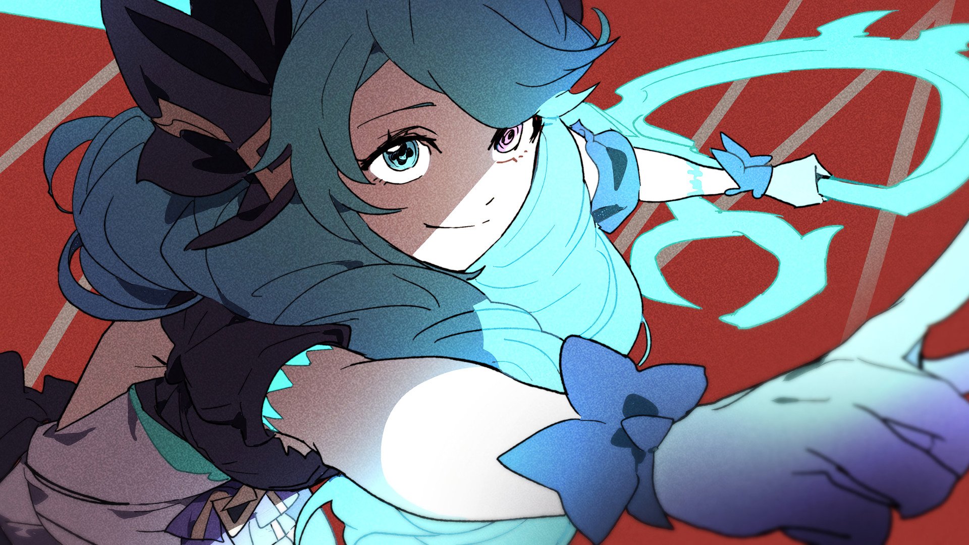 HD desktop wallpaper featuring Gwen from League of Legends with blue hair and heterochromia, captured in dynamic motion with vivid colors and glowing effects.