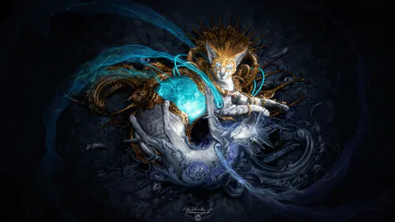 Fantasy cat spirit with a golden mane and glowing blue armor, perched on a ghostly skull amid swirling teal magic — HD PC desktop wallpaper and background.