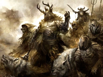 HD desktop wallpaper of Guild Wars 2 features a dramatic and intense scene with armored warriors and creatures, capturing the epic fantasy essence of the video game Guild Wars.