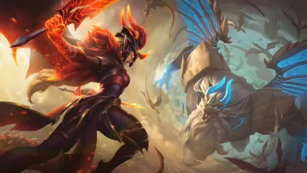 A dynamic HD wallpaper featuring Galio and Kayle from League of Legends, showcasing an epic battle between the champions against a dramatic backdrop.