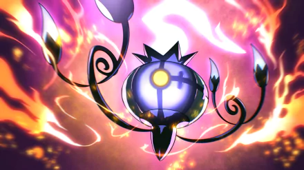 Chandelure (Pokémon) anime 2K Quad HD PC desktop wallpaper — ghostly chandelier Pokémon with a glowing purple core, surrounded by swirling orange flames and drifting embers.