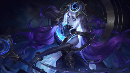 Luxanna Crownguard from League of Legends depicted in an 8K Ultra HD video game wallpaper with dark, mystical tones and glowing blue accents.