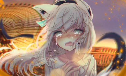 4K Ultra HD anime wallpaper featuring Shirakami Fubuki from hololive as a virtual YouTuber, depicted with white hair and fox ears in an emotional scene.