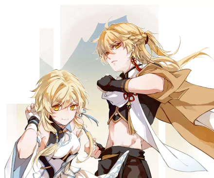 HD PC desktop wallpaper featuring Aether and Lumine from the video game Genshin Impact in dynamic poses with light, warm tones.