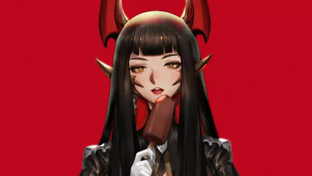 Anime girl with black hair and small horns licking a chocolate ice cream bar against a bold red backdrop — 5K Ultra HD PC desktop wallpaper/background