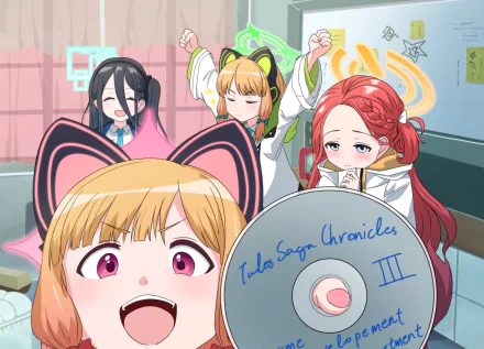 Blue Archive video game 2K Quad HD PC desktop wallpaper/background: four anime schoolgirls — a cat‑eared girl in the foreground, two cheering classmates and one holding a disc labeled Tula Saga Chronicles III.