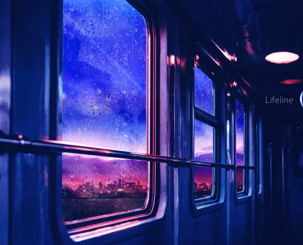 Anime-style 4K Ultra HD desktop wallpaper depicting a train interior with windows revealing a vibrant, colorful cityscape at twilight.