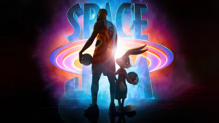 4K Ultra HD Space Jam 2 desktop wallpaper featuring LeBron James and Bugs Bunny silhouetted against a vibrant, glowing backdrop with the movie title.