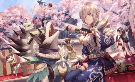 HD PC wallpaper from Monster Hunter Rise features an elf character with light hair sitting beside a wolf-like creature under blooming cherry blossoms.