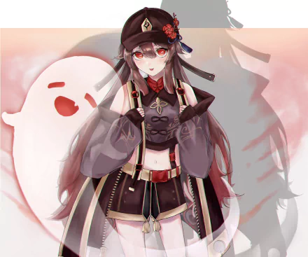 HD PC desktop wallpaper of Hu Tao from the video game Genshin Impact, featuring her in a detailed outfit with a soft, pastel background and a friendly ghost character.