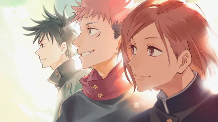 An HD desktop wallpaper featuring Nobara Kugisaki, Megumi Fushiguro, and Yuji Itadori from the anime Jujutsu Kaisen, each in their school uniforms with brown, black, and pink hair respectively.