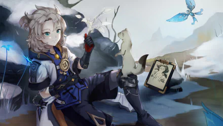 4K Ultra HD PC desktop wallpaper featuring Albedo from Genshin Impact, showing him seated with a small animal and a butterfly in a serene, detailed environment.