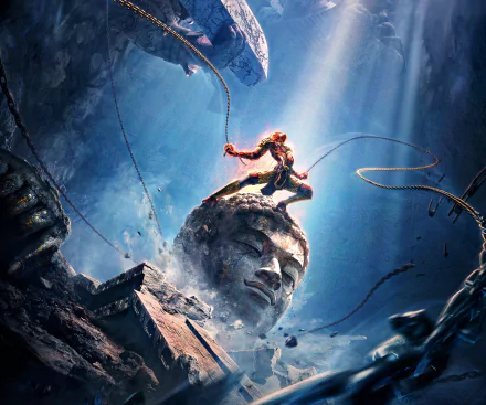 4K Ultra HD desktop wallpaper from the movie Monkey King: Hero Is Back — the Monkey King crouches atop a giant stone Buddha head, gripping his staff and golden rope under stormy light.