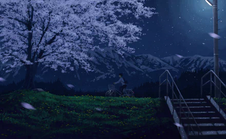 Anime boy sitting on a bike under a blooming tree at night, with falling petals and mountains in the background, depicted in a detailed HD PC desktop wallpaper style.