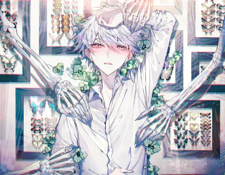 A 4K Ultra HD anime boy with white hair and a white shirt, surrounded by skeletal hands and framed butterfly displays, creating a striking PC desktop wallpaper background.