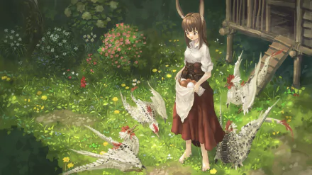 Anime girl with animal ears in a dress, barefoot among several white cockatrices in a sunlit meadow — HD PC desktop wallpaper/background