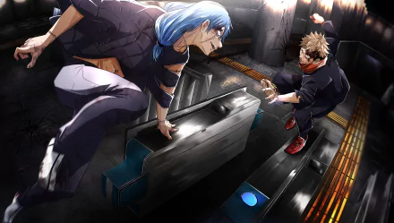 Dynamic 4K Ultra HD wallpaper featuring anime characters Yuji Itadori and blue-haired Mahito from Jujutsu Kaisen in school uniforms, set in a dramatic urban scene.