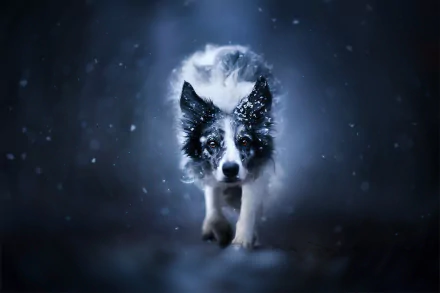 HD desktop wallpaper featuring a border collie dog walking through a snowy, dark, and misty environment.