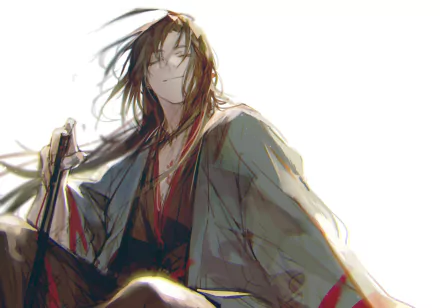 Anime HD PC desktop wallpaper of Wei Wuxian from Mo Dao Zu Shi: windswept hair, dark robe and relaxed smirk, holding his flute against a bright, minimal background.
