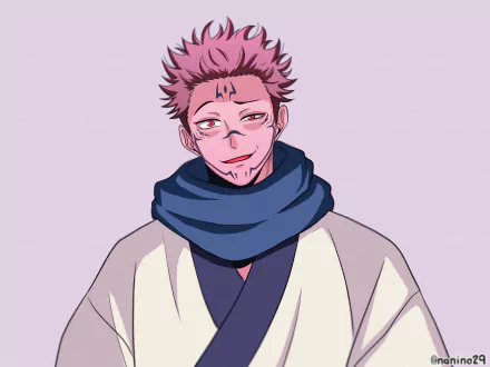 Anime-style 4K Ultra HD desktop wallpaper featuring Sukuna from Jujutsu Kaisen with distinctive pink hair and a dark blue scarf on a light background.