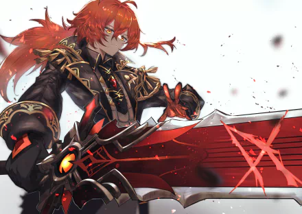 Diluc (Genshin Impact) 4K Ultra HD PC wallpaper: red-haired warrior in a black coat wielding a massive red claymore, fiery accents and a dynamic video game art pose.