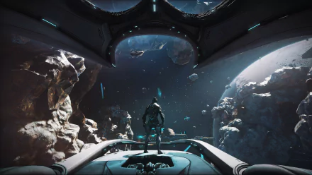 4K Ultra HD PC desktop wallpaper from the video game Warframe: an armored Warframe stands on a ship's bow, overlooking an asteroid field and distant planets through a panoramic cockpit.
