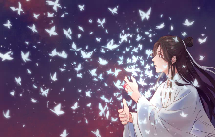HD anime desktop wallpaper featuring Xie Lian from Tian Guan Ci Fu surrounded by glowing butterflies against a starry, twilight sky.