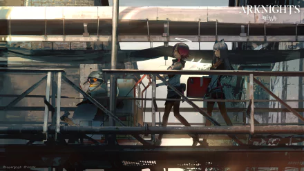 Arknights 2K Quad HD wallpaper: The Emperor, Texas, and Exusiai on an industrial catwalk at sunset, cinematic lighting and a detailed video game background.