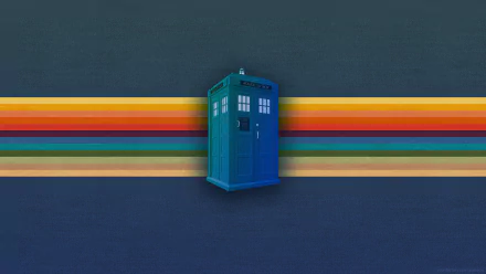 HD desktop wallpaper featuring the TARDIS from Doctor Who (2005) against a background of horizontal, colorful stripes.