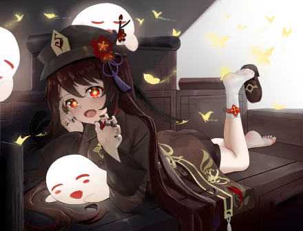 Hu Tao (Genshin Impact) lounging on a wooden bench amid playful ghost masks and golden butterflies — 2K Quad HD PC desktop wallpaper/background.