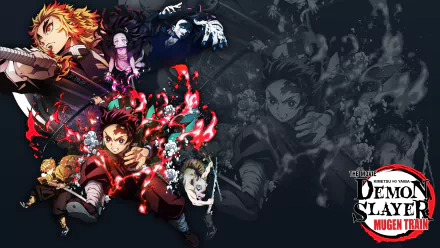 HD desktop wallpaper featuring characters from Demon Slayer: Kimetsu no Yaiba - The Movie: Mugen Train with vibrant action scenes and the movie logo on the right side.