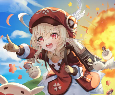 Klee (Genshin Impact) cheering with floating bombs and a fiery explosion behind her — colorful HD PC desktop wallpaper/background from the video game Genshin Impact.