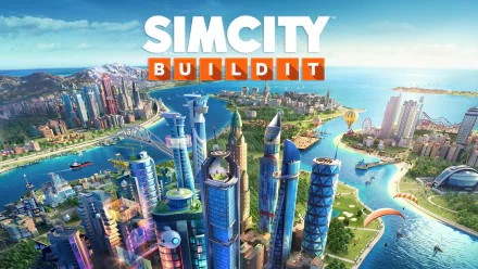 HD wallpaper of SimCity BuildIt featuring a vibrant, bustling virtual city skyline with the game's logo.